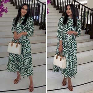 Zara med 100% cotton, green and cream, geometric patterned long dress new nwot